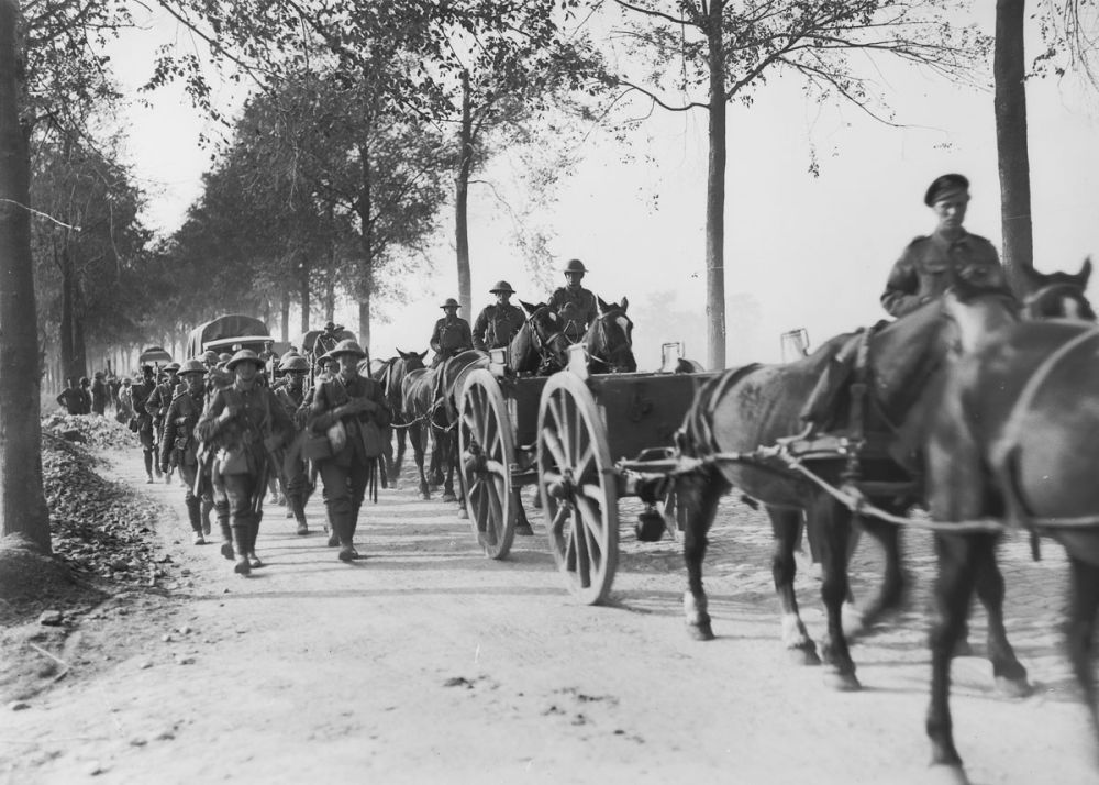 New Zealand Infantry move up towards the Ypres sector before the battle of Broodseinde. 2 October 1917